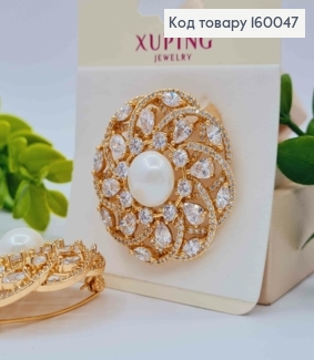 Брошка "Ажурний віночок" прикрашена Блискучими камінцями та Прлинкою, 3,9см, Xuping 18к 160047 фото