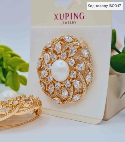 Брошка "Ажурний віночок" прикрашена Блискучими камінцями та Прлинкою, 3,9см, Xuping 18к 160047 фото 1