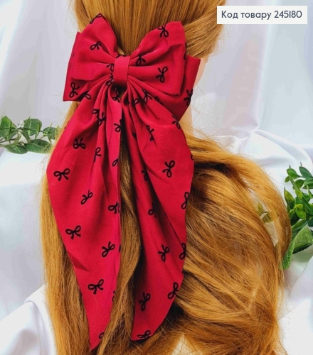 Бант Красного цвета, с принтом "Бантики", на заколке автоматик, ткань Креп, размер 14,5*30см. 245180 фото 1