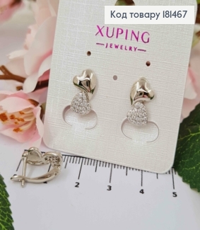 Сережки родовані, Два Серця з блискучими камінчиками, 1,4см, англ застібка, Xuping 181467 фото