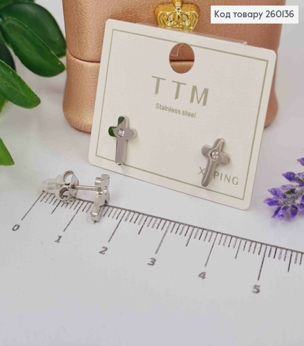 Серьги гвоздики, "Крестики" с Камешком, 1см, серебряного цвета, сталь Stainless Steel 260136 фото 1
