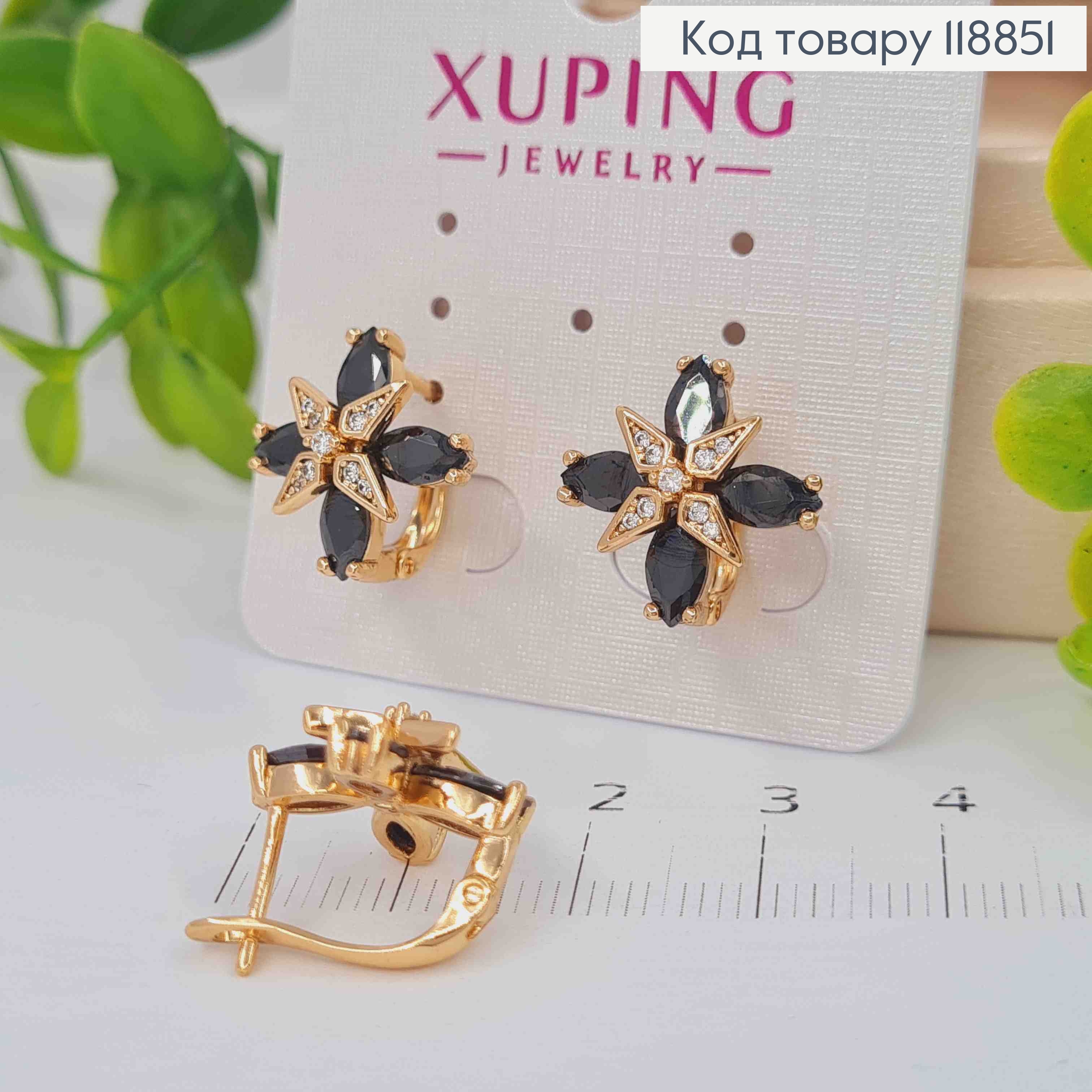 Серьги "Звездный Цветок" с Черными и Блестящими камешками, 1,5см, английская застежка, Xuping 18К 118851 фото 1