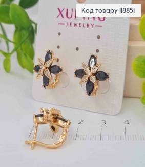 Серьги "Звездный Цветок" с Черными и Блестящими камешками, 1,5см, английская застежка, Xuping 18К 118851 фото