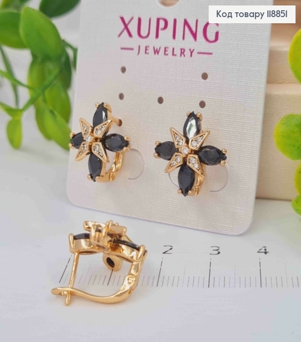 Серьги "Звездный Цветок" с Черными и Блестящими камешками, 1,5см, английская застежка, Xuping 18К 118851 фото 1