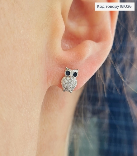Серьги гвоздики родованные, Совы в камне, с черными глазами, Xuping  181026 фото 2