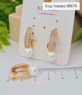 Серьги с жемчужиной украшены блестящими камнями, 2,2см, английская застежка, Xuping 18К. 118676 фото