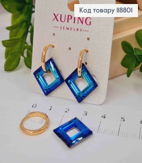 Сережки кільця з Квадратним підвісним Синім каменем Сваровскі (2см),  діаметр 1,5см, Xuping 18К 118801 фото
