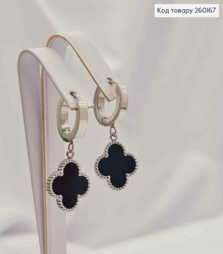 Серьги кольца(1,3см) Серебряного цвета с подвеской Van Cleef с Черной эмалью(1,4см),Stainless Steel 260167 фото 3