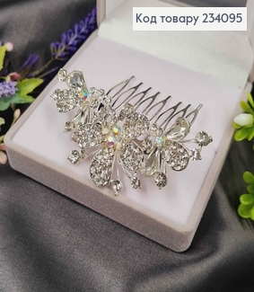 Гребінь у волосся, срібного кольору, з трьома квіточками, в камінцях, 7,5см 234095 фото