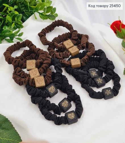 Резинка-жатка атласная 5см "Квадратик со вставкой в камнях" коричнево-черные, упакованные по 12шт 254150 фото 1