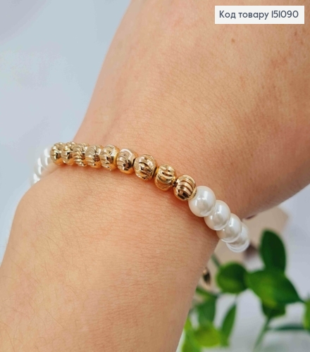 Браслет из перламутровых и золотых бусин, длина 17+3см, Xuping 18K. 151090 фото 1