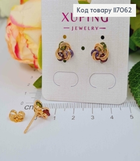 Сережки гвіздки, "Вузлики" з кольоровими темними камінчиками, 1см, Xuping 18K 117062 фото