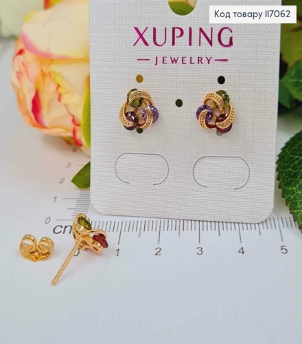 Серьги гвоздики, "Узелки" с цветными темными камешками, 1см, Xuping 18K 117062 фото 1