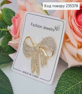 Брошь, "Бантик" украшена Блестящими камешками, 4см, Золотого цвета 235378 фото