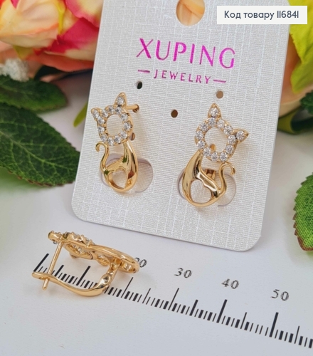 Серьги "Котики" в камнях, с сердечком, 2см, англ. зам. Xuping 18K 116841 фото 1