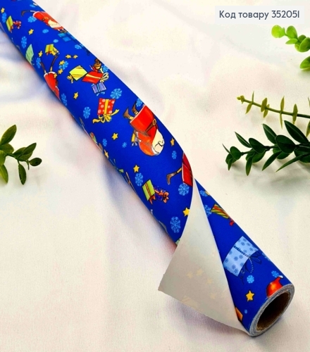 Папір крейдований новорічний "Санта з подарунками на синьому", рулон 70см, довжина 7метрів, №386Е 352051 фото 1