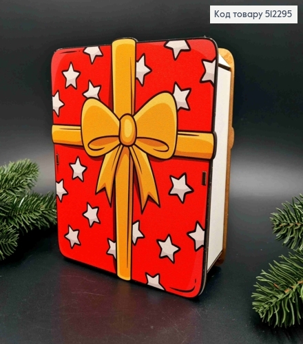 Подарункова дерев'яна коробка "Білі Зірочки на Червоному з Бантом", Квадратна 17*19см, висота 7см 512295 фото 1