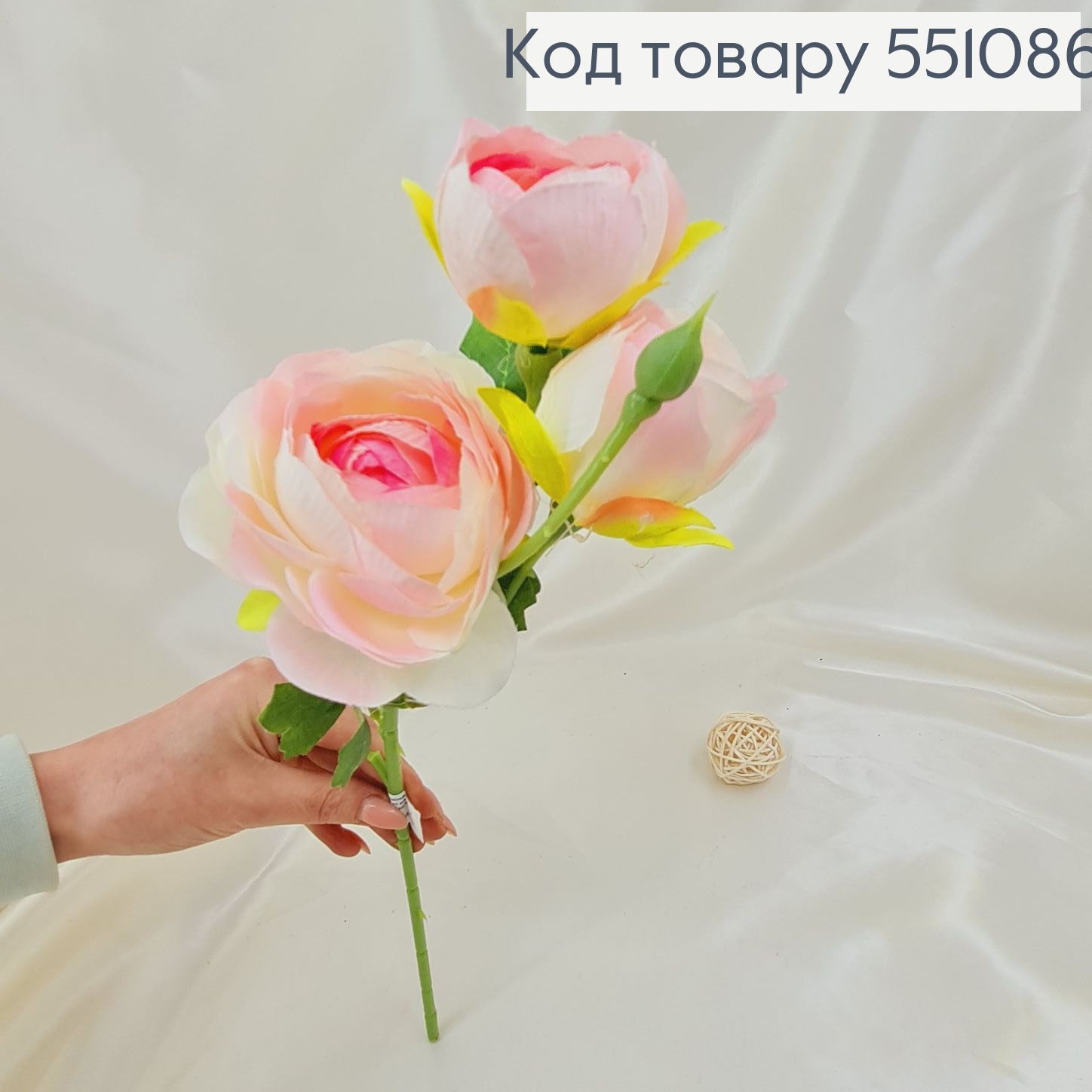 Искусственная ветвь с цветками пиона розового на металлическом стержне 42см. 551086 фото 1