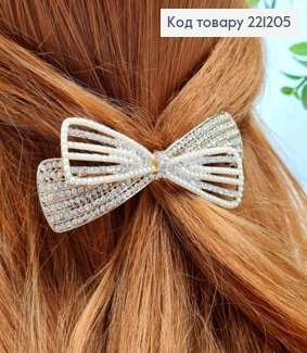 Заколка автомат металлическая "Бантик" с блестящими камешками и жемчужками, 9*3,5см, Золотого цвета. 221205 фото