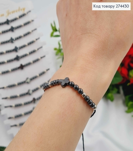 Браслет на затяжке, ЧЕРНЫЙ гематитовый с бусинками и КРЕСТИКОМ 274186 фото 2