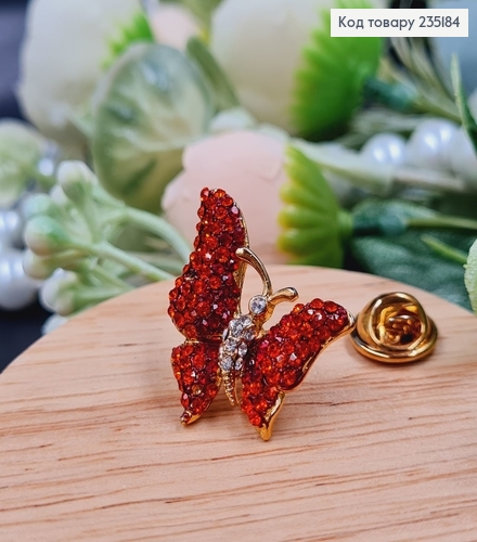 Брошка метал Бабочка золото с красными камушками 3х2см 235184 фото 2