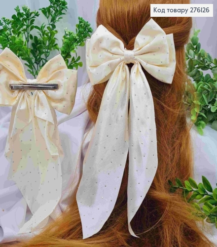 Бант КРЕМОВОГО цвета со стразами, на заколке 7,5см, ткань атлас, разм 14,5*31см 276126 фото 1