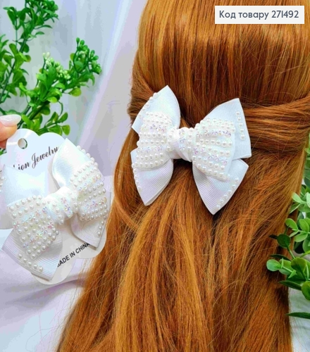 Бант БЕЛОГО цвета с камнями и стразами, на заколке 6,5см, ткань репс, размер 9*8см 271492 фото 1