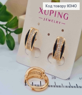 Сережки кільця з Чорною емаллю Блискучими камінцями, діаметр 1,5см, Xuping 18К 110140 фото