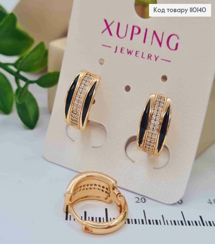 Серьги кольца с Черной эмалью Блестящими камешками, диаметр 1,5см, Xuping 18К 110140 фото 1