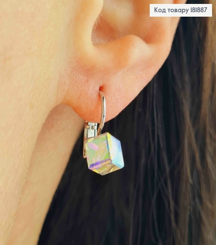 Серьги родованные с Квадратным камнем Сваровски Хамелеон, длина 1,5см, застежка левербек, Xuping 181887 фото 1