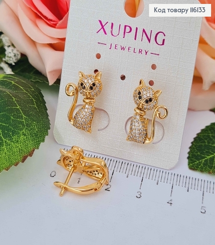 Серьги, "Киса" в камнях, с черными камешками, 1,5см, англ. застежка, Xuping 18К 116133 фото 1