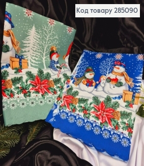 Скатерть новогодняя синяя и зеленая в асорт "Снеговички с подарками", размер 110*150см 285090 фото