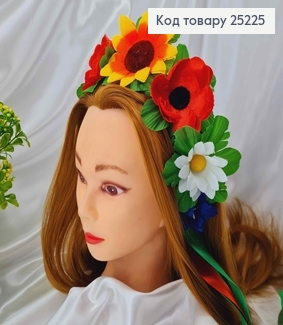Віночок: соняшник, маки, ромашки, волошки зі стрічками 40см  25225 фото