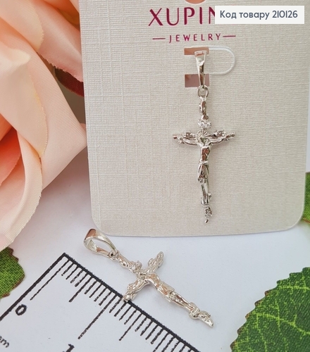 Крестик родованный, тоненький, с распятием и двумя камешками, 2,5*1,3см Xuping  210126 фото 1