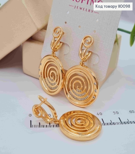 Сережки з підвіскою "Спіраль Життя" в Камінцях, довжина 1,4+2,4см, англійська застібка, Xuping 18K 110098 фото 1