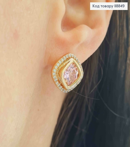Сережки "Очі Сфінкса" з Рожевим каменем в оправі з камінців, 1,4см, англ. застібка, Xuping 18К 118849 фото 2