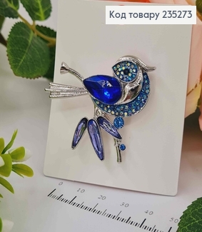 Брошка  ПТАШКА  з  камінцями СИНЬОГО кольору 4,5*4,5см 235273 фото