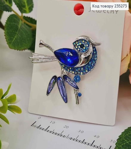 Брошь ПТАШКА с камешками СИНЕГО цвета 4,5*4,5см 235273 фото 1