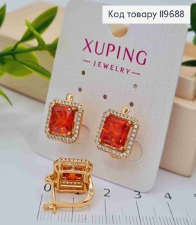 Серьги с Квадратным Красным камнем в оправе из камешков, дл. 1,5см, англ. застежка, Xuping 18К 119688 фото