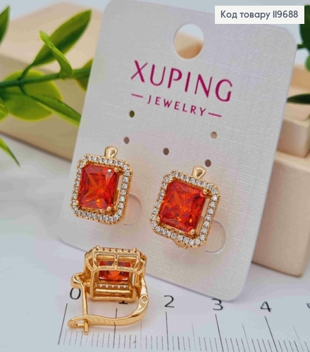 Серьги с Квадратным Красным камнем в оправе из камешков, дл. 1,5см, англ. застежка, Xuping 18К 119688 фото 1