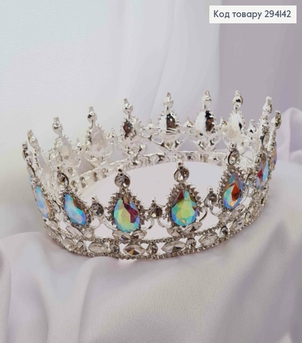 Корона под серебро, с перламутровыми камнями, диаметр 13см, высота 5см (можно на торт) 294142 фото 2