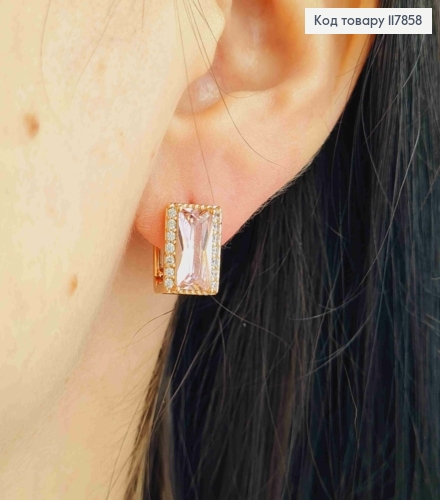 Серьги кольца, "Квадратные" с большим Розовым камешком, 1,1*0,8см, Xuping 18К 117858 фото 3
