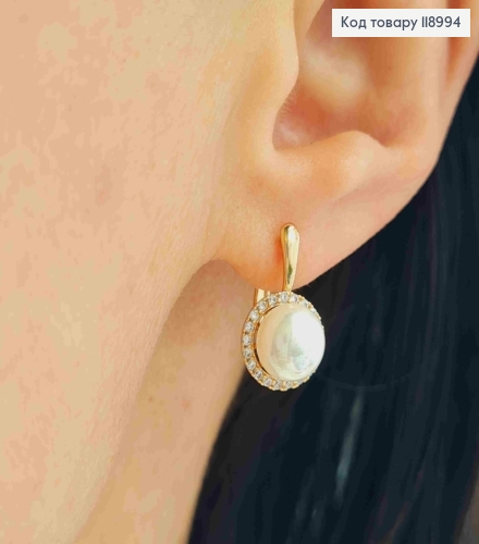 Серьги с жемчужиной в оправе из камней, 1,7см, английская застежка, XUPING 18K 118994 фото 2