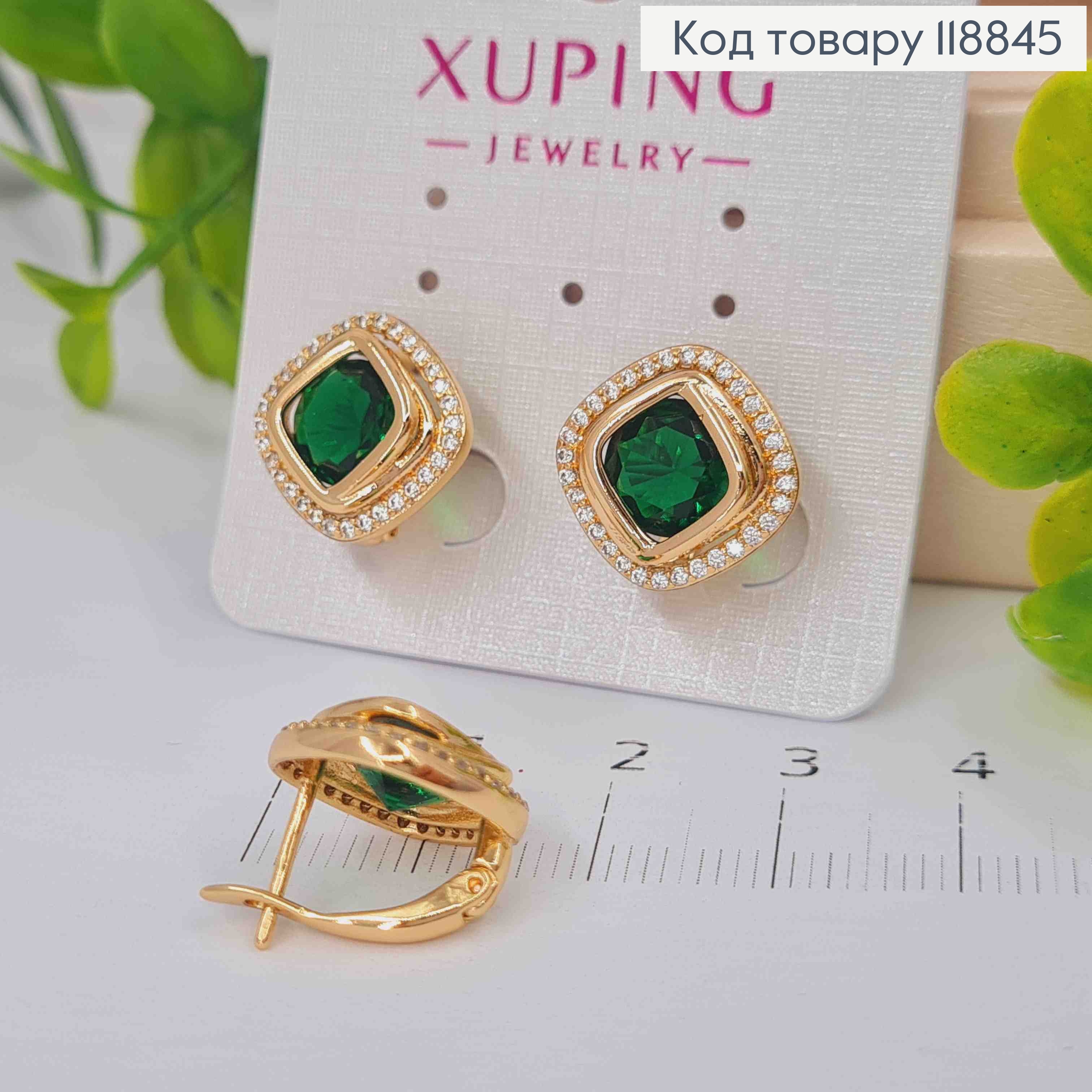 Сережки "Очі Сфінкса" з Зеленим каменем в оправі з камінців, 1,4см, англ. застібка, Xuping 18К 118845 фото 2