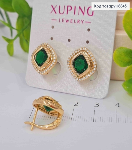 Серьги "Глаза Сфинкса" с Зеленым камнем в оправе из камешков, 1,4см, англ. застежка, Xuping 18К 118845 фото 2