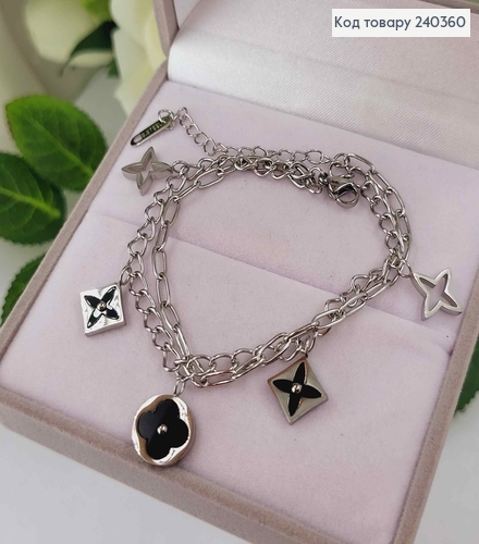 Браслет двойной, серебряного цвета, с пластинками с черной эмалью, 17,5+5см Stainless Steel 240360 фото 1