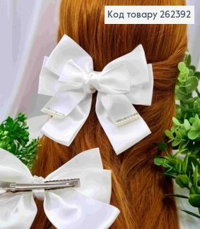 Бант БЕЛОГО цвета с Бусинами и Стразами, на шпильке 7,5см, ткань атлас, размер 12,5*9см 262392 фото