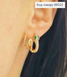 Сержки ЗМІЯ з зеленими очима в камінцях, (розмір 1,5*1,5см), англійська застібка, Xuping 18K 119022 фото