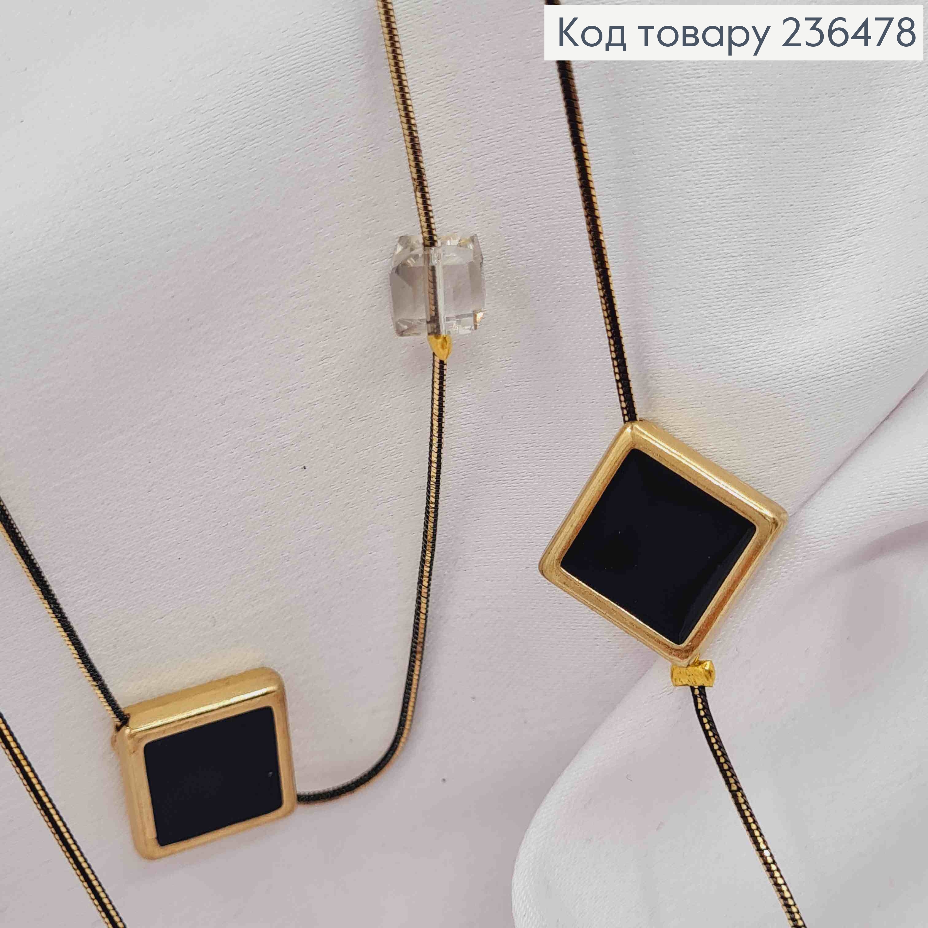 Біжутерія на шию подвійна з Ромбами та квадратними бусинами, 88+4см, Чорного+Золото кольору 236478 фото 2