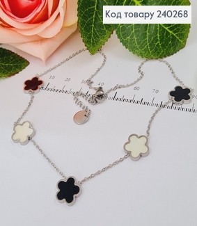 Цепочка 40+3.5 см Van Cleef, 5 подвесок, чёрная и перламутровая эмаль, цвет серебряный, Stainless Steel 240268 фото